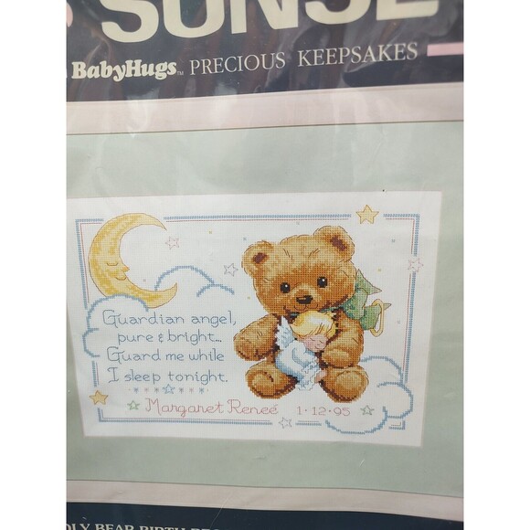 Dimensions Sunset Counted Cross Stitch Kit Cuddly Bear Birth Record  13591 Vtg - Picture 4 of 10